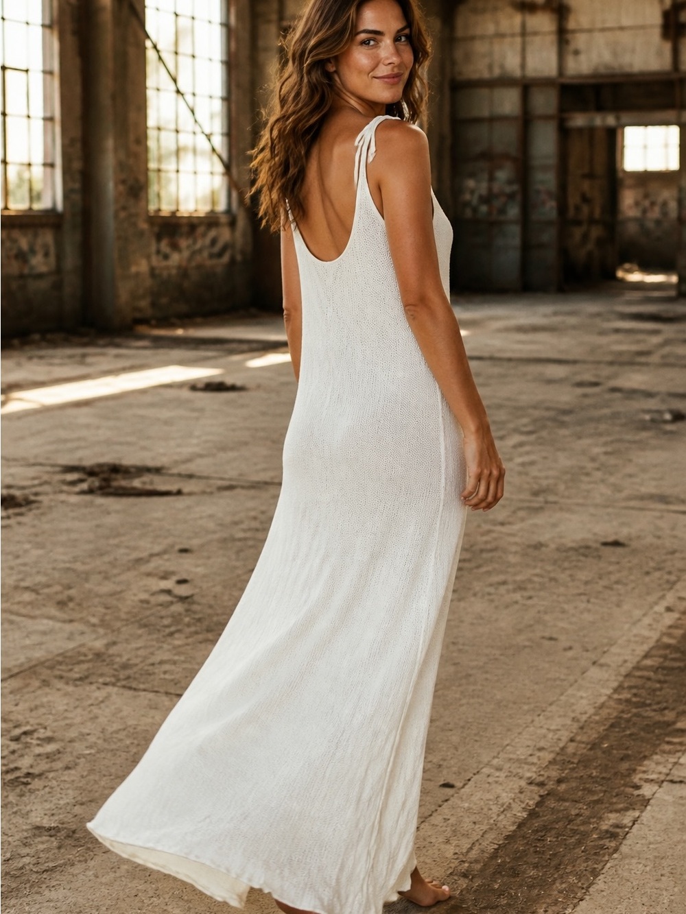 White Sleeveless Tie-Shoulder Maxi crochet Coverup Dress with Front Slit